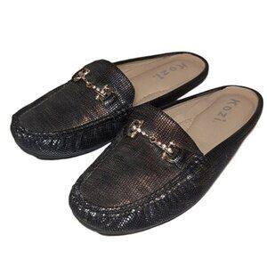 Kozi Metallic Loafer Shoes Vegan Faux Leather Rhinestone Buckle Slip On Flats